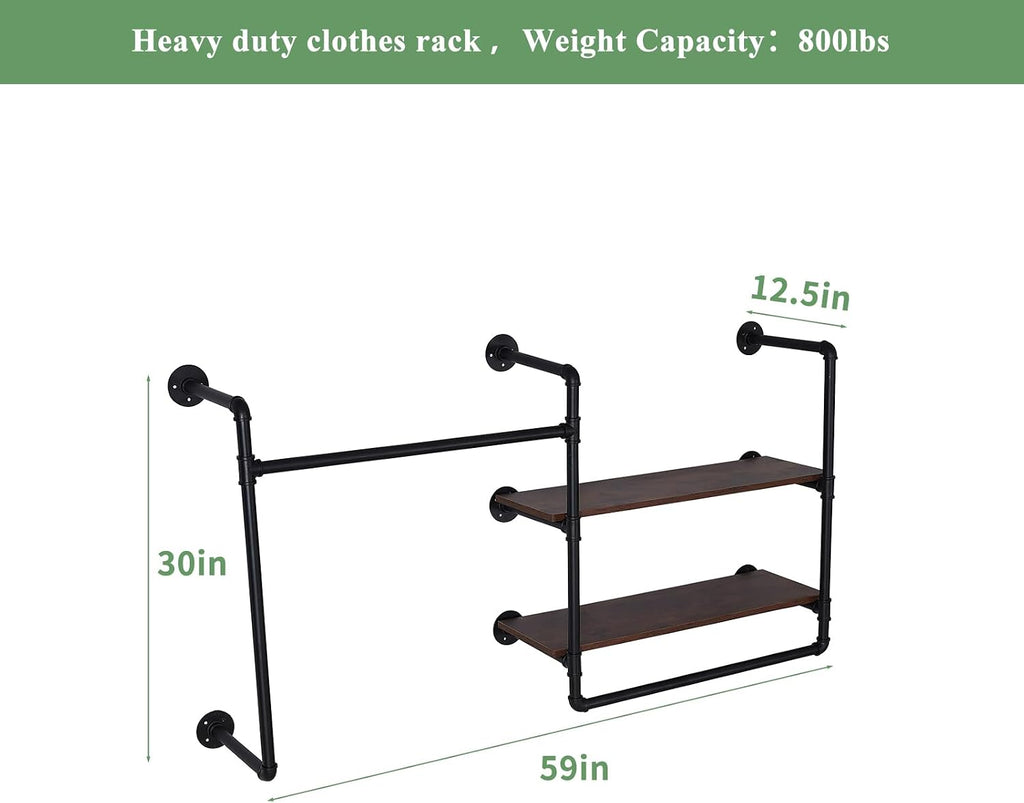 Industrial Pipe Clothing Rack Wall Mounted with 2 Wood Shelves, Heavy Duty Double Rod Garment Rack for Bedroom, Laundry Room & Retail Store, Black, 59 Inch