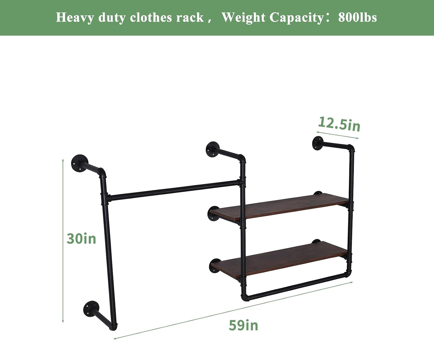 Industrial Pipe Clothing Rack Wall Mounted with 2 Wood Shelves, Heavy Duty Double Rod Garment Rack for Bedroom, Laundry Room & Retail Store, Black, 59 Inch