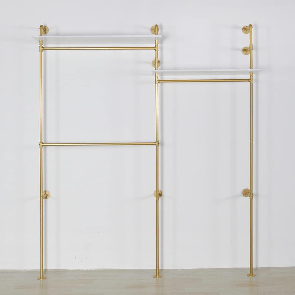 Industrial Pipe Clothing Rack Wall Mounted, Heavy Duty Hanging Clothes Rack Clothing Store Display Stands Garment Rack Closet System, 2 Tier Wood Garment Rack (Gold, 96.5x80.7inch)
