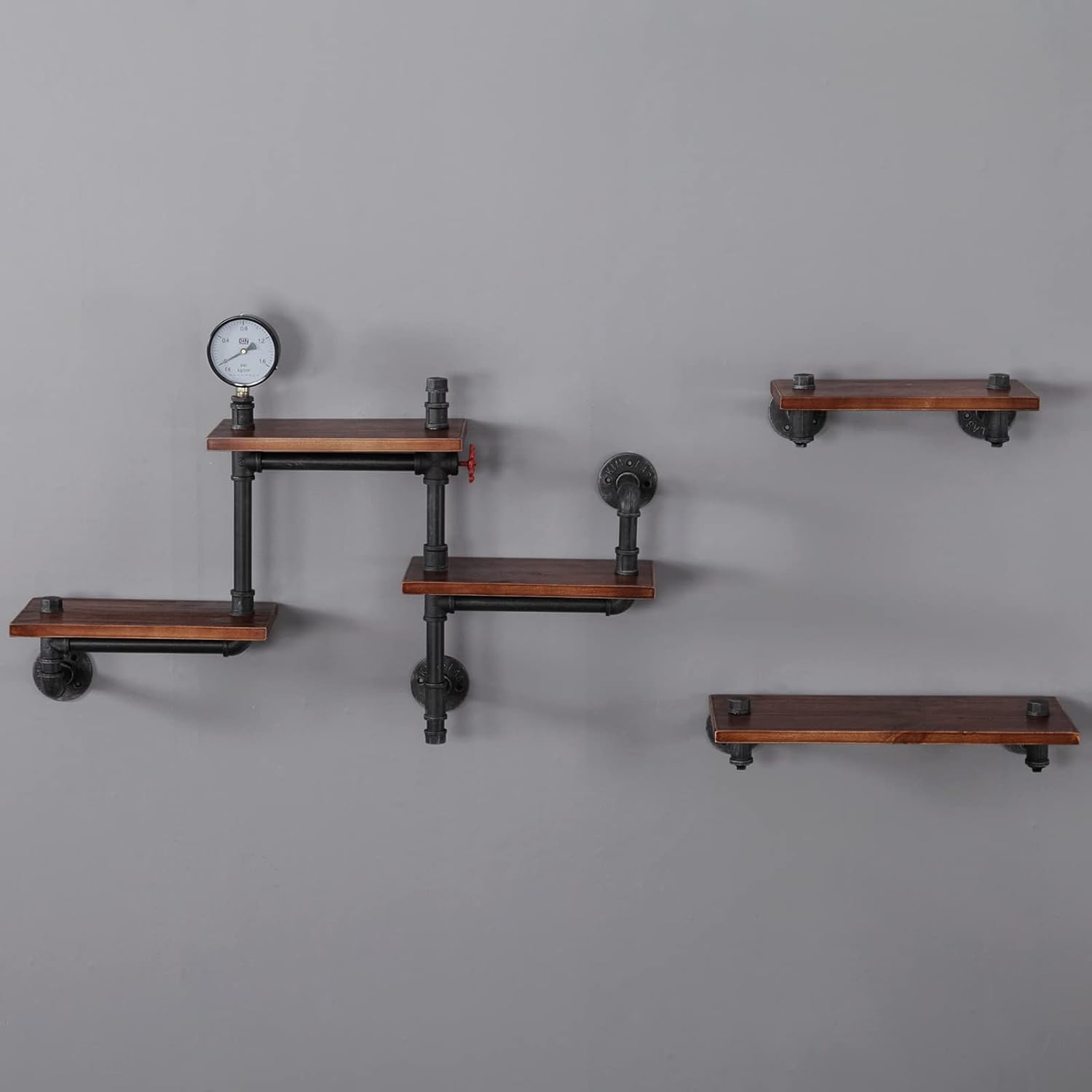 Industrial Floating Pipe Wall Shelves Rustic Wood Shelving, 5 Layer Pipe Design Bookshelf DIY Shelving for Living Room Bathroom Farmhouse Bar Industrial Decor
