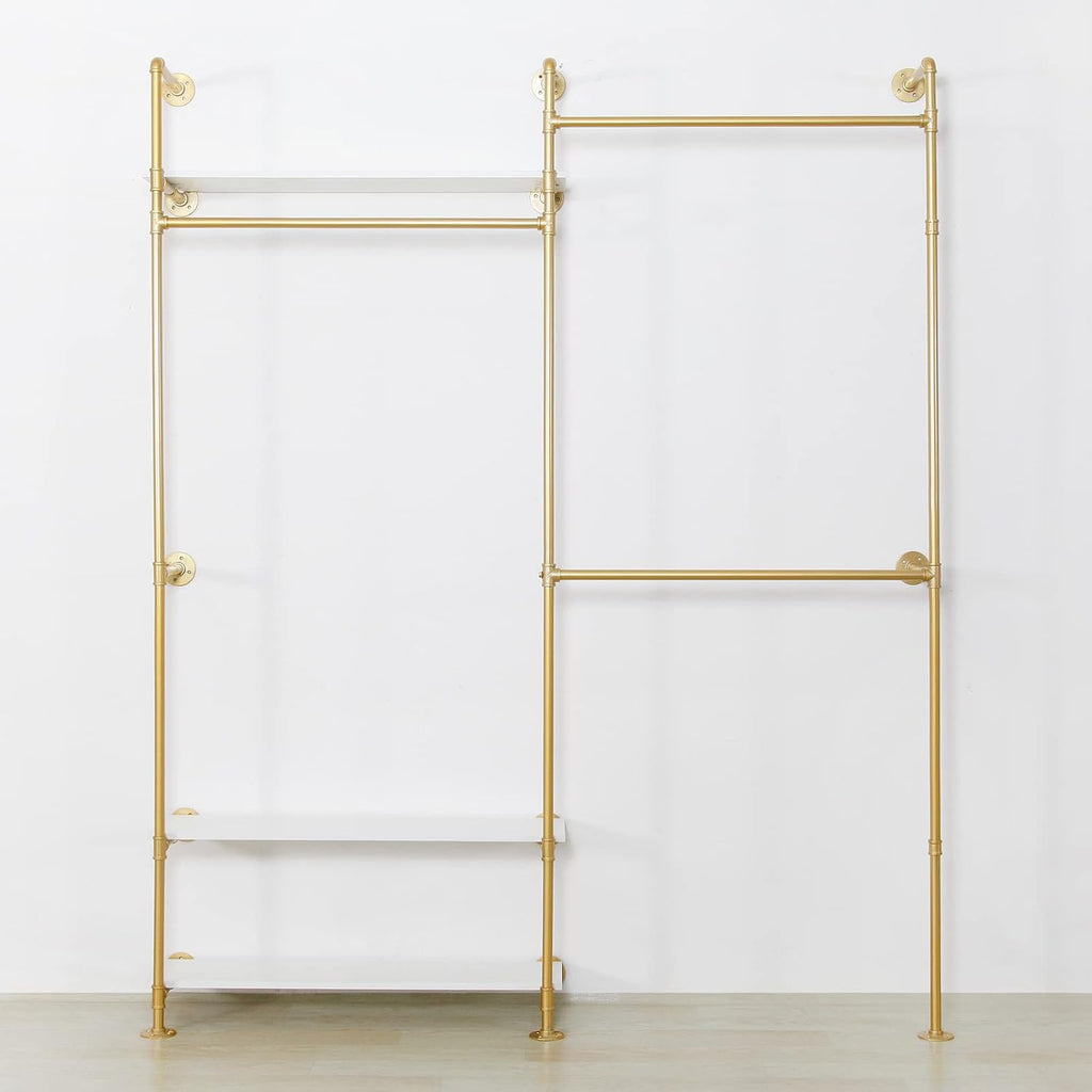 Heavy Duty Industrial Clothing Rack - 3-Tier Wall Mounted Garment Rack with Wood Shelves, Golden Pipe Closet Storage Organizer for Retail Stores & Bedroom (92.1X76.8inch)
