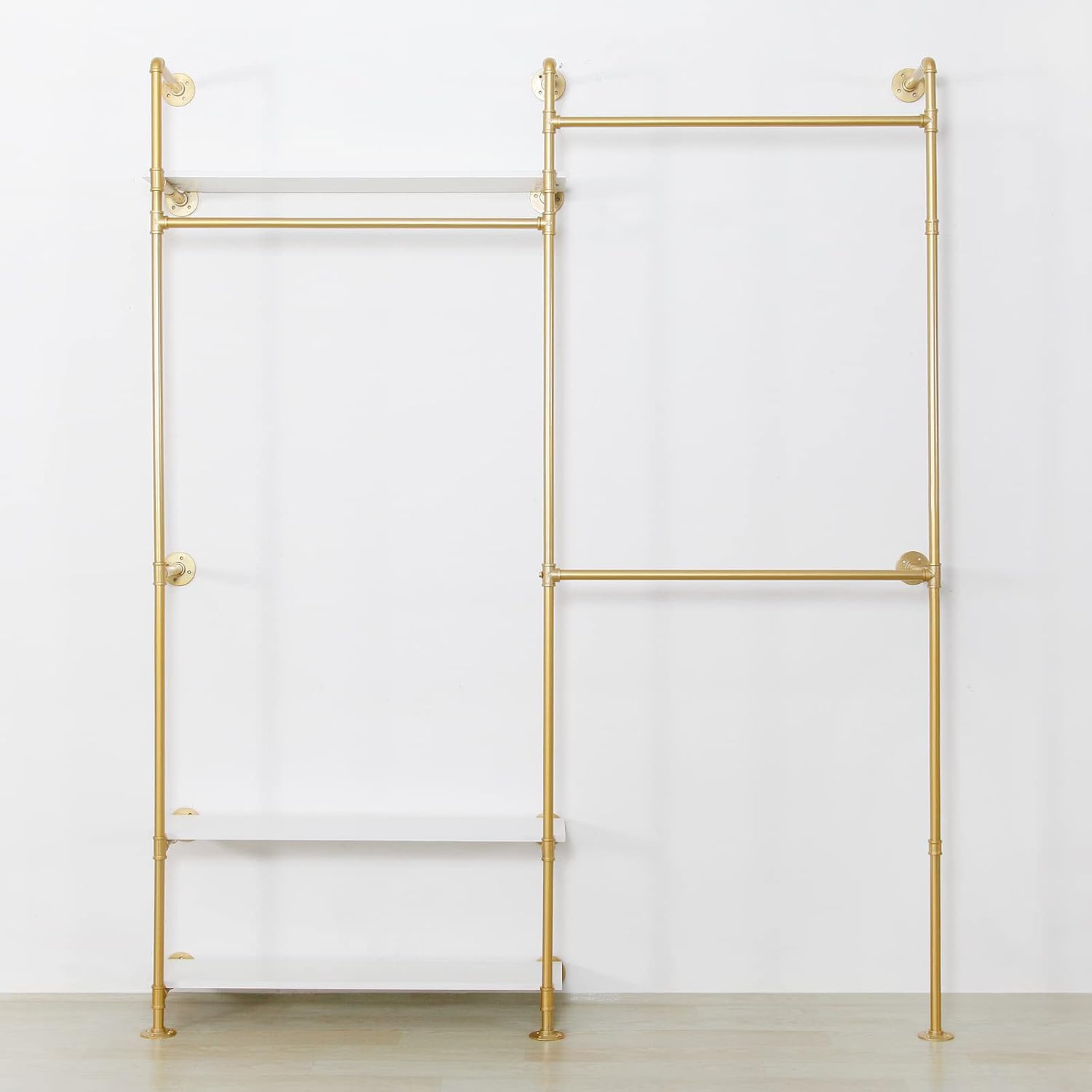 Heavy Duty Industrial Clothing Rack - 3-Tier Wall Mounted Garment Rack with Wood Shelves, Golden Pipe Closet Storage Organizer for Retail Stores & Bedroom (92.1X76.8inch)