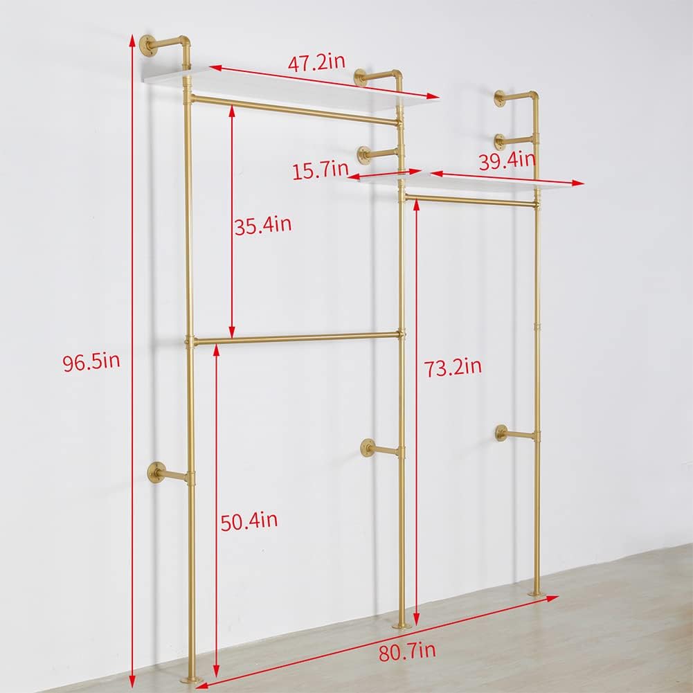 Industrial Pipe Clothing Rack Wall Mounted, Heavy Duty Hanging Clothes Rack Clothing Store Display Stands Garment Rack Closet System, 2 Tier Wood Garment Rack (Gold, 96.5x80.7inch)