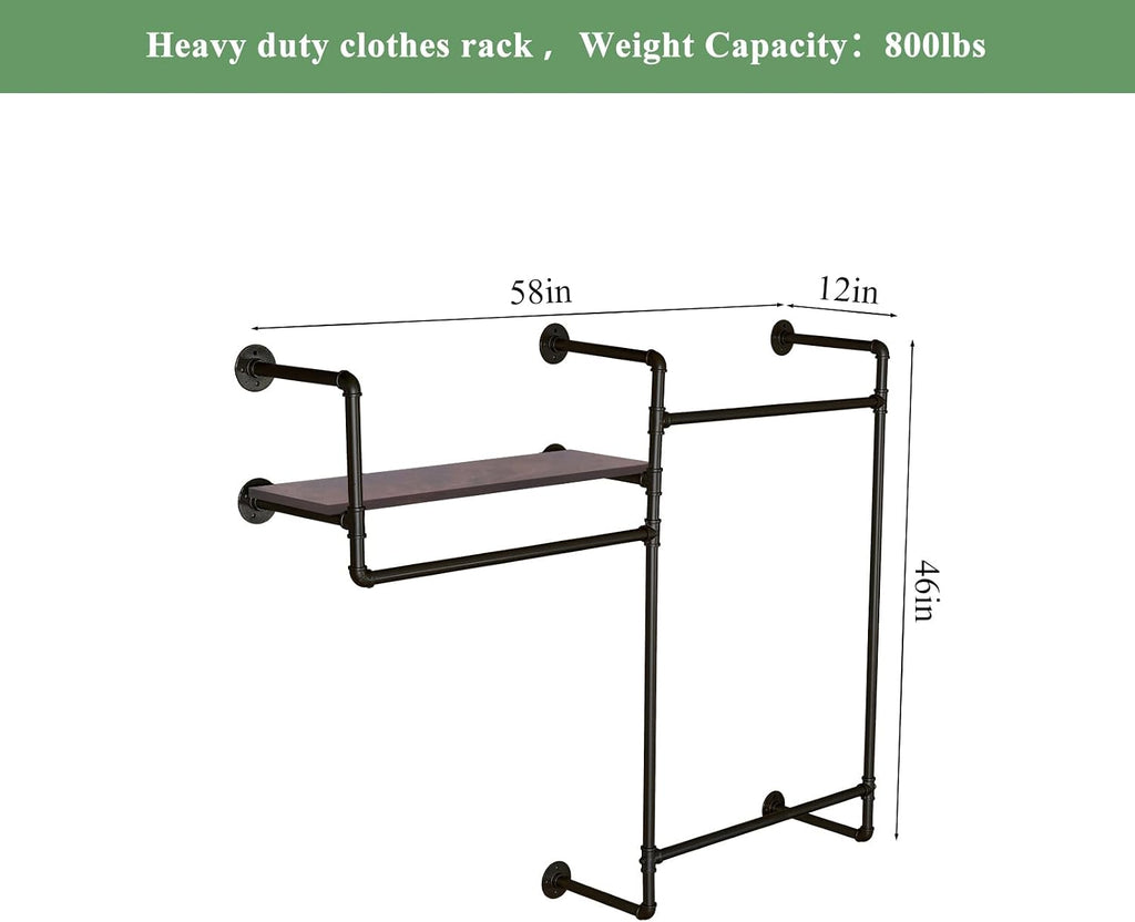 Industrial Pipe Clothing Rack, Wall Mounted Heavy Duty Garment Rack with Wood Shelf, Rustic Metal Closet Organizer for Bedroom, Laundry Room & Retail Store Display, Black, 58”W x 12”D x 46”H