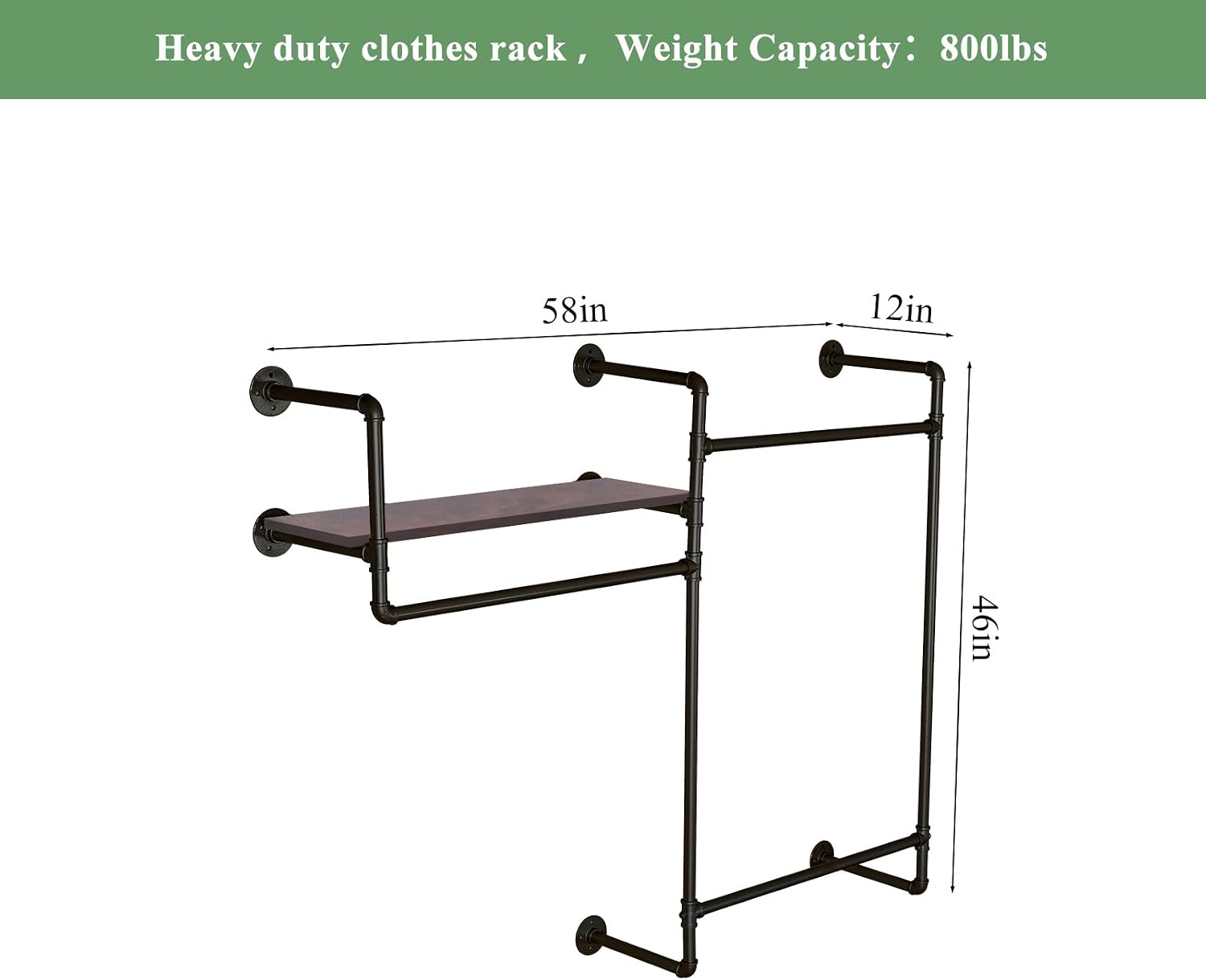 Industrial Pipe Clothing Rack, Wall Mounted Heavy Duty Garment Rack with Wood Shelf, Rustic Metal Closet Organizer for Bedroom, Laundry Room & Retail Store Display, Black, 58”W x 12”D x 46”H