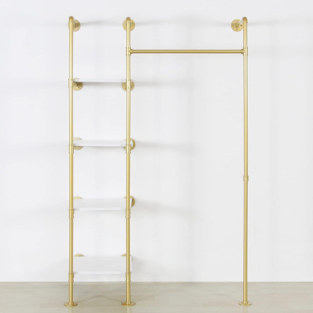 Garment Rack Heavy Duty Clothes Rack for Hanging Clothes, Metal Freestanding Closet Wardrobe Shelf, Gold Industrial Pipe Clothing Racks with Shelves Closet Rods System