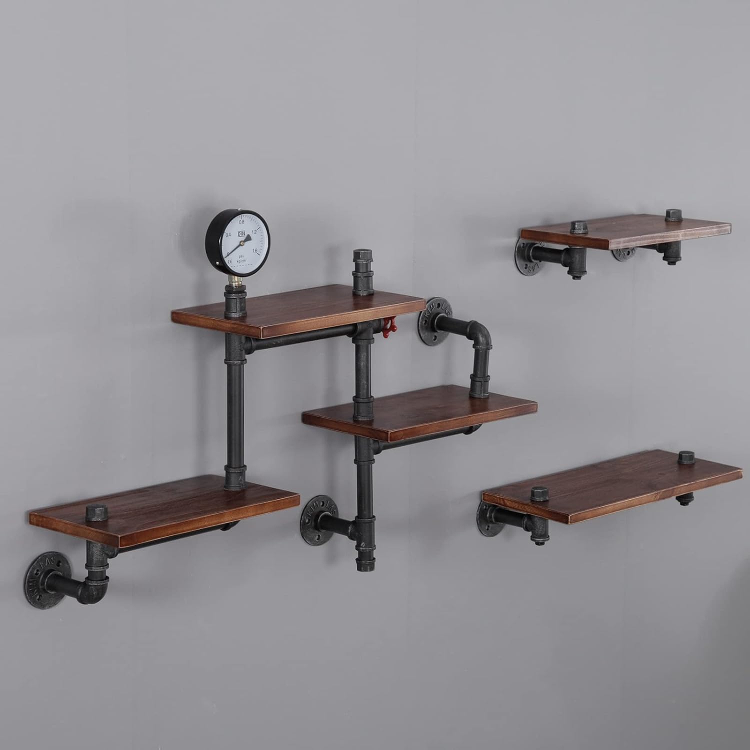 Industrial Floating Pipe Wall Shelves Rustic Wood Shelving, 5 Layer Pipe Design Bookshelf DIY Shelving for Living Room Bathroom Farmhouse Bar Industrial Decor