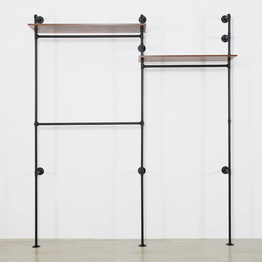 Industrial Pipe Clothing Rack with 2 Shelves, Clothes Rack Wall Mounted Heavy Duty Clothing Store Display Stands Garment Rack Closet System(Black, 96.5x80.7inch)