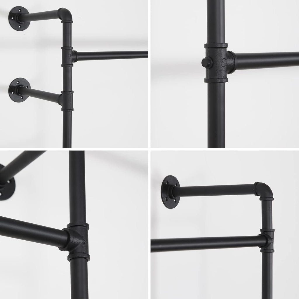 Wall Mounted Industrial Pipe Clothing Rack Garment Racks Pipeline Vintage Rolling Rack On Wall, Heavy Duty Rustic Gold Metal Garment Frame for Bedroom, Living room (Black)