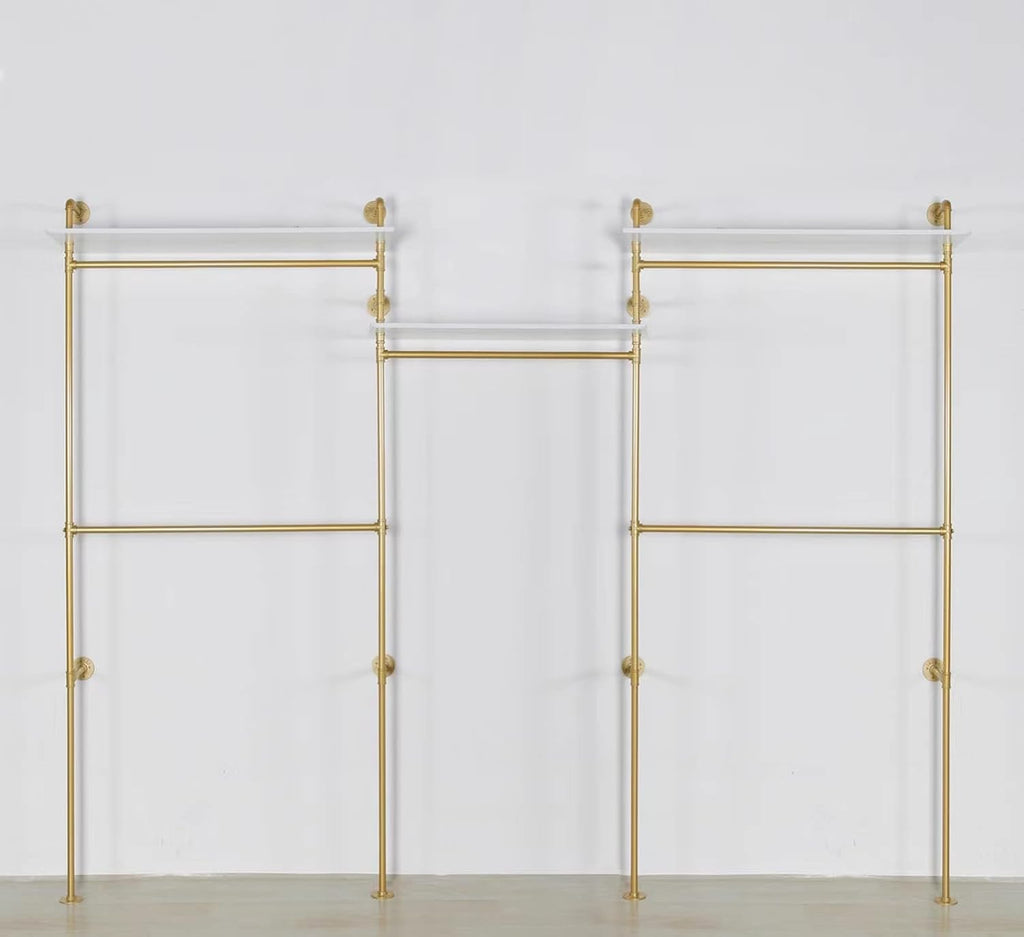 Industrial Pipe Clothing Rack Wall Mounted 5 Hanging Rods Garment Bar with Storage Shelf, Heavy Duty Metal Clothes Racks Closet System for Hanging Clothes Retail Display (Gold)