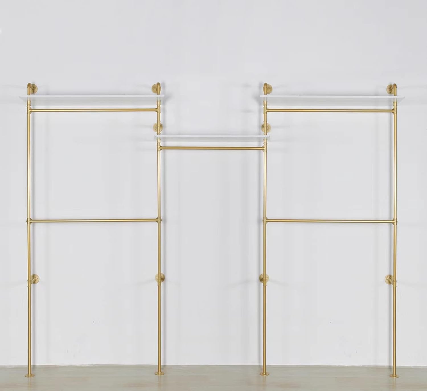 Industrial Pipe Clothing Rack Wall Mounted 5 Hanging Rods Garment Bar with Storage Shelf, Heavy Duty Metal Clothes Racks Closet System for Hanging Clothes Retail Display (Gold)