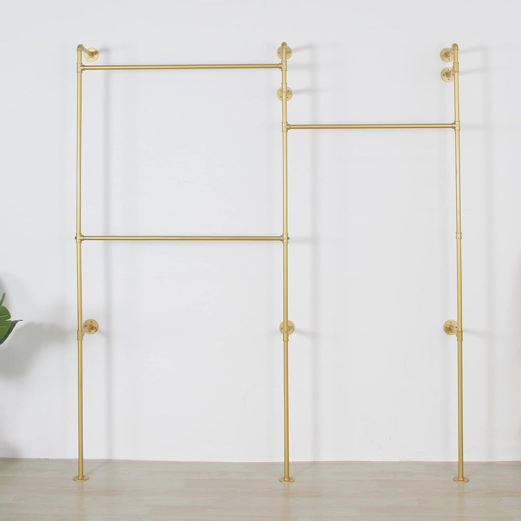 Modern Simple Industrial Pipe Double Hanging Rods Clothing Rack, Clothes Rack Wall Mounted Heavy Duty Hanging Clothes Rack, Detachable Garment Bar 93.7X84inch (Gold)