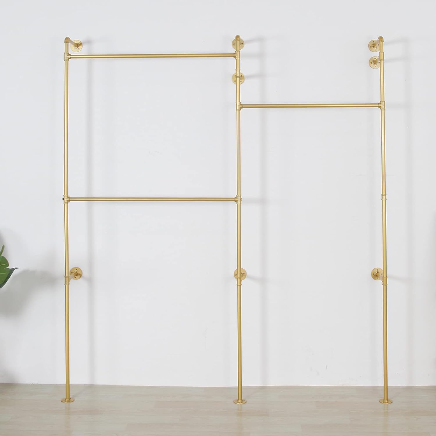 Modern Simple Industrial Pipe Double Hanging Rods Clothing Rack, Clothes Rack Wall Mounted Heavy Duty Hanging Clothes Rack, Detachable Garment Bar 93.7X84inch (Gold)