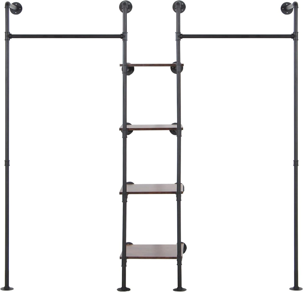 Wall Mounted Industrial Pipe Heavy Duty Clothes Rack, Clothing Rods for Hanging Clothes, Freestanding Clothing Rack with 2 Hang Rods & 4 Shelves, 72.8" W x 17.7" D x 71" H