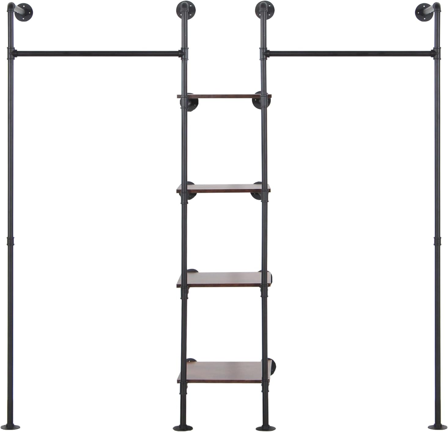 Wall Mounted Industrial Pipe Heavy Duty Clothes Rack, Clothing Rods for Hanging Clothes, Freestanding Clothing Rack with 2 Hang Rods & 4 Shelves, 72.8" W x 17.7" D x 71" H