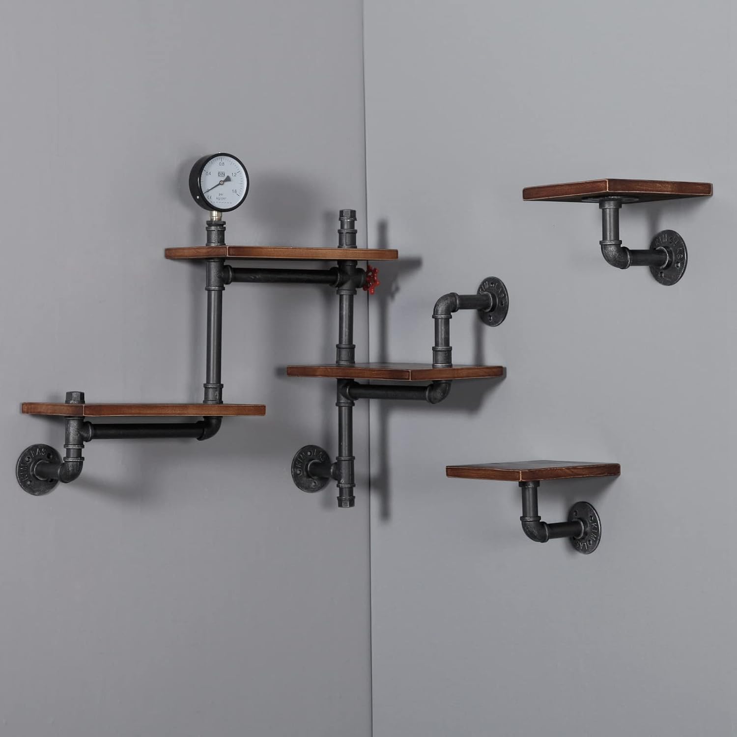 Industrial Rustic Pipe Shelving Floating Shelves Wall Mounted, 5 Laye Modern Wood Ladder Pipe Wall Shelf for Bar Living Room DIY Storage Shelving Bookcase