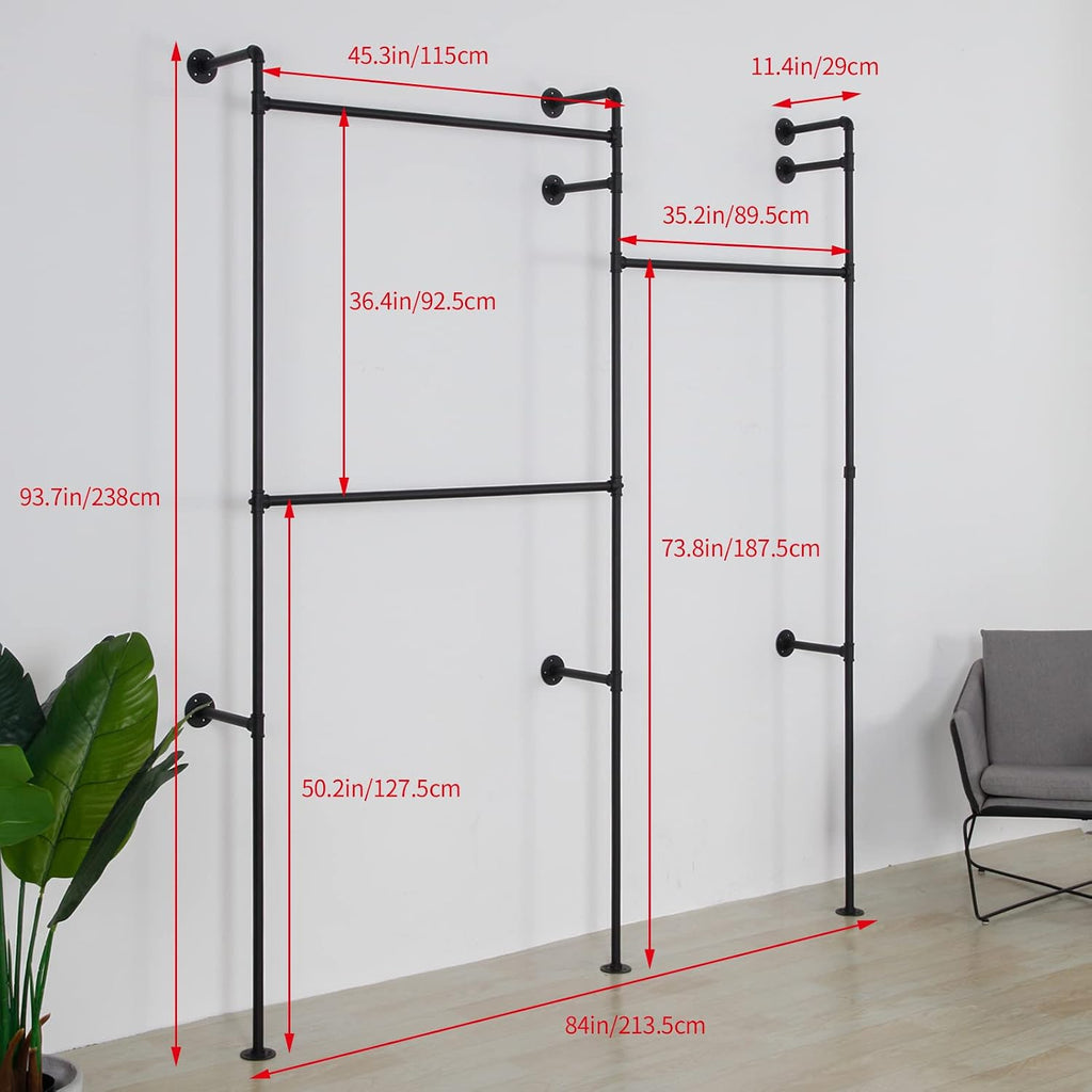 Wall Mounted Industrial Pipe Clothing Rack Garment Racks Pipeline Vintage Rolling Rack On Wall, Heavy Duty Rustic Gold Metal Garment Frame for Bedroom, Living room (Black)