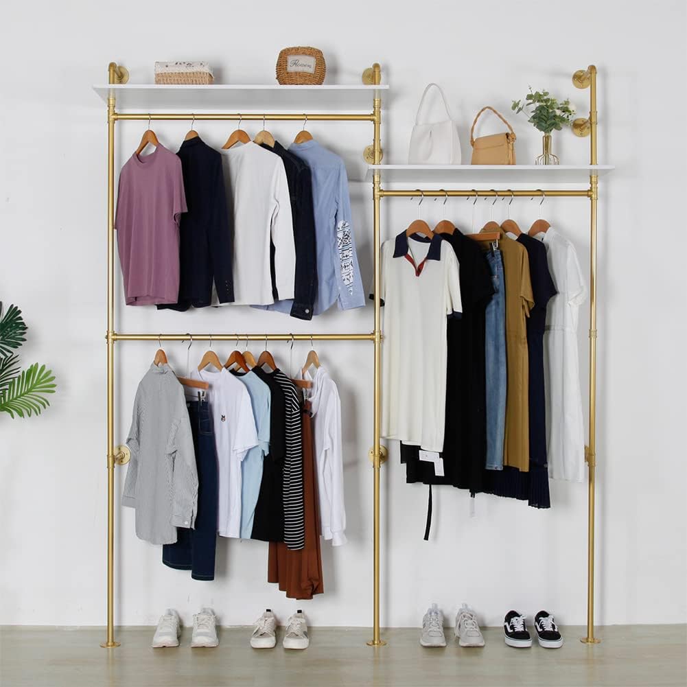 Industrial Pipe Clothing Rack Wall Mounted, Heavy Duty Hanging Clothes Rack Clothing Store Display Stands Garment Rack Closet System, 2 Tier Wood Garment Rack (Gold, 96.5x80.7inch)