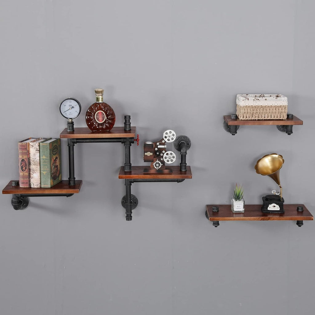 Industrial Floating Pipe Wall Shelves Rustic Wood Shelving, 5 Layer Pipe Design Bookshelf DIY Shelving for Living Room Bathroom Farmhouse Bar Industrial Decor