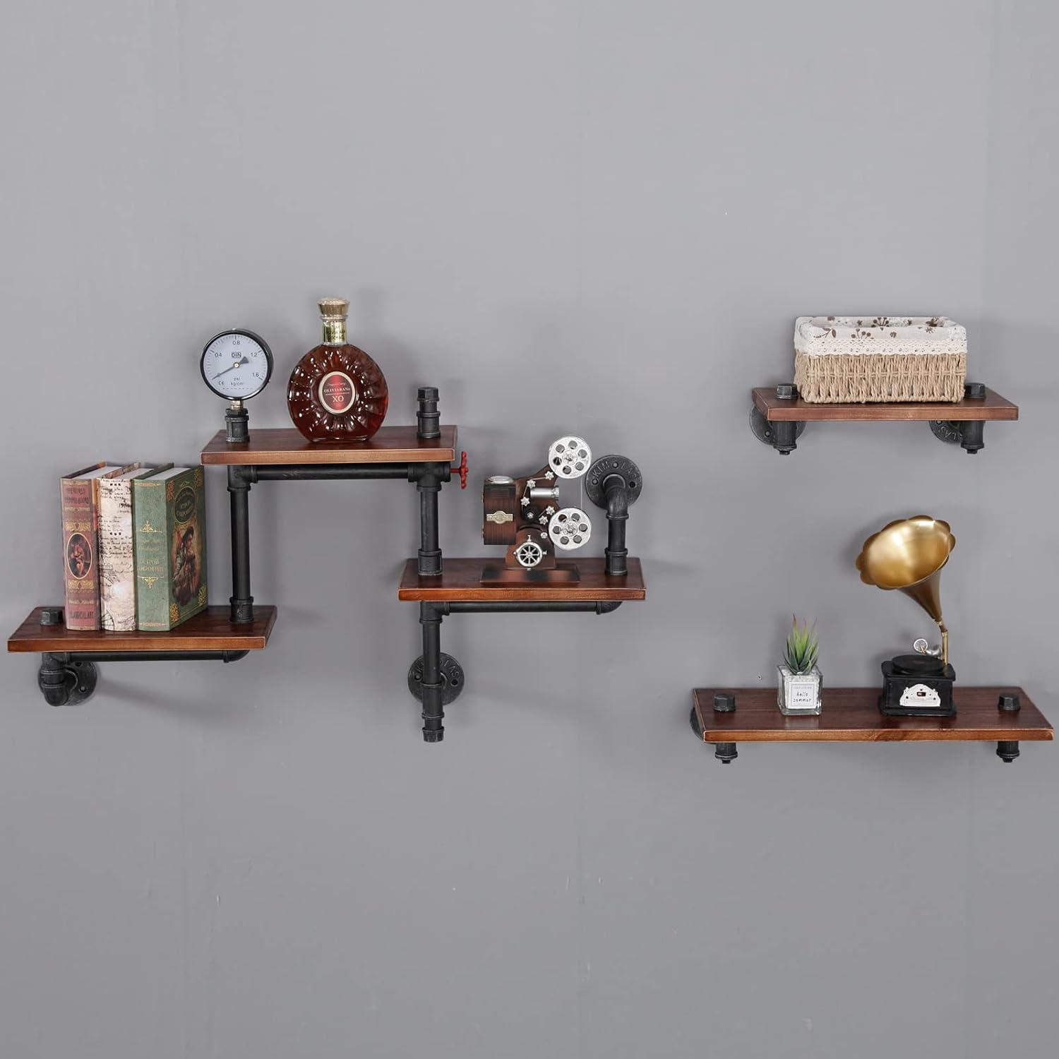Industrial Floating Pipe Wall Shelves Rustic Wood Shelving, 5 Layer Pipe Design Bookshelf DIY Shelving for Living Room Bathroom Farmhouse Bar Industrial Decor