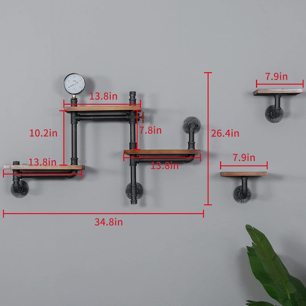 Industrial Rustic Pipe Shelving Floating Shelves Wall Mounted, 5 Laye Modern Wood Ladder Pipe Wall Shelf for Bar Living Room DIY Storage Shelving Bookcase