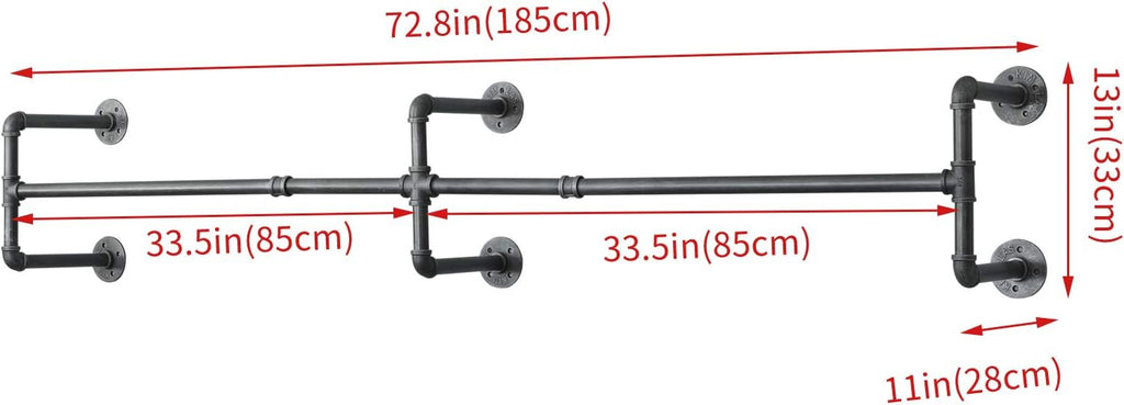 Clothes Rack Closet Rods for Hanging Clothes, Industrial Pipe Wall Mounted Garment Racks 73 in, Space-Saving Heavy Duty Hanging Cloth Rack for Closet Storage 6 Base