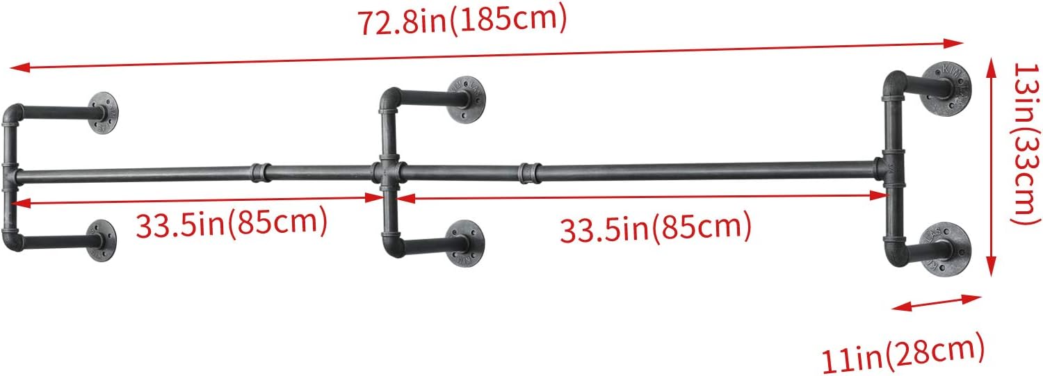 Clothes Rack Closet Rods for Hanging Clothes, Industrial Pipe Wall Mounted Garment Racks 73 in, Space-Saving Heavy Duty Hanging Cloth Rack for Closet Storage 6 Base