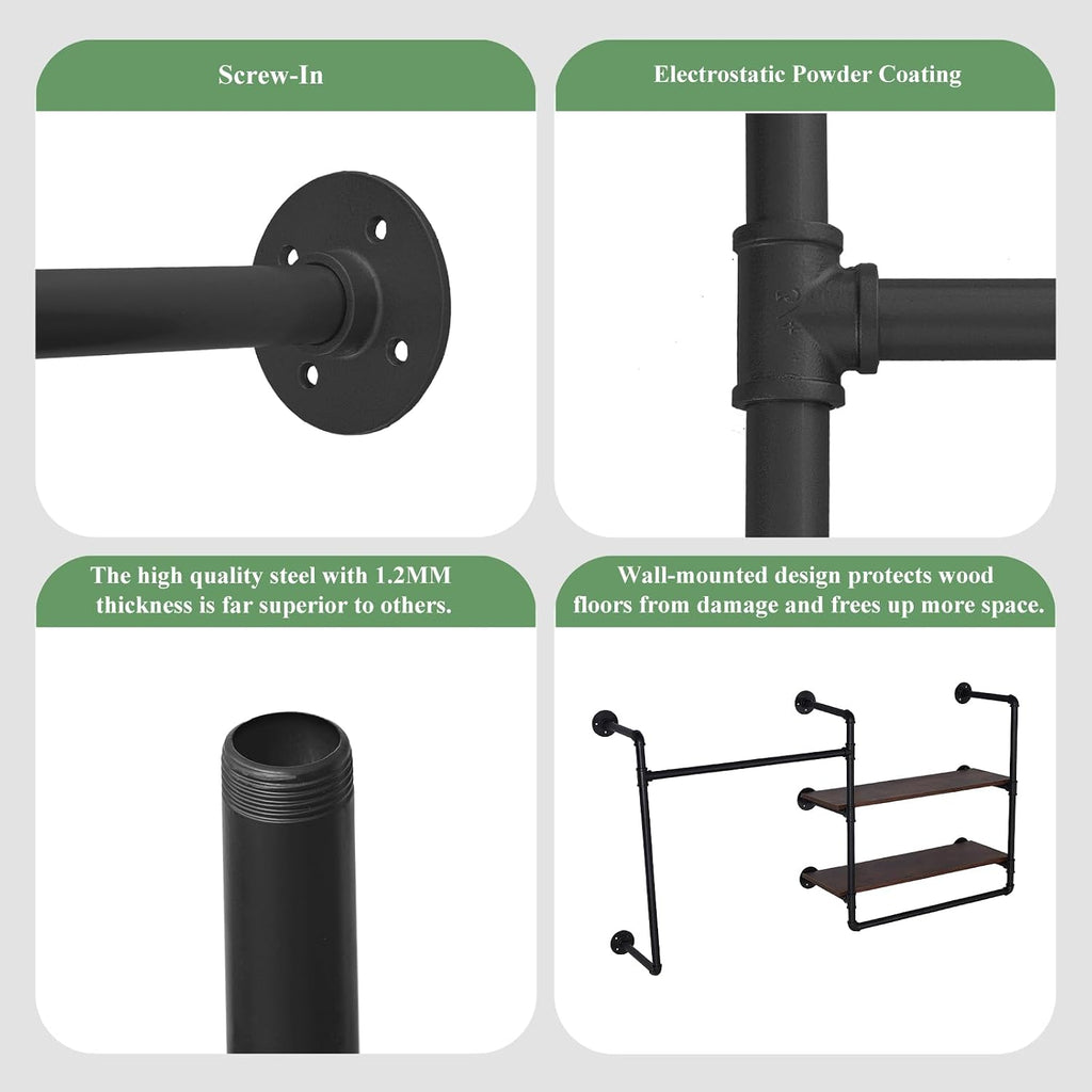 Industrial Pipe Clothing Rack Wall Mounted with 2 Wood Shelves, Heavy Duty Double Rod Garment Rack for Bedroom, Laundry Room & Retail Store, Black, 59 Inch