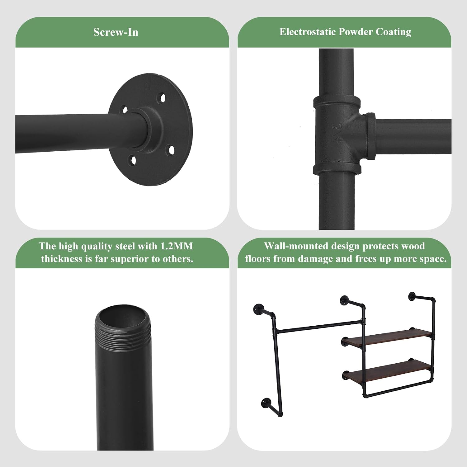 Industrial Pipe Clothing Rack Wall Mounted with 2 Wood Shelves, Heavy Duty Double Rod Garment Rack for Bedroom, Laundry Room & Retail Store, Black, 59 Inch