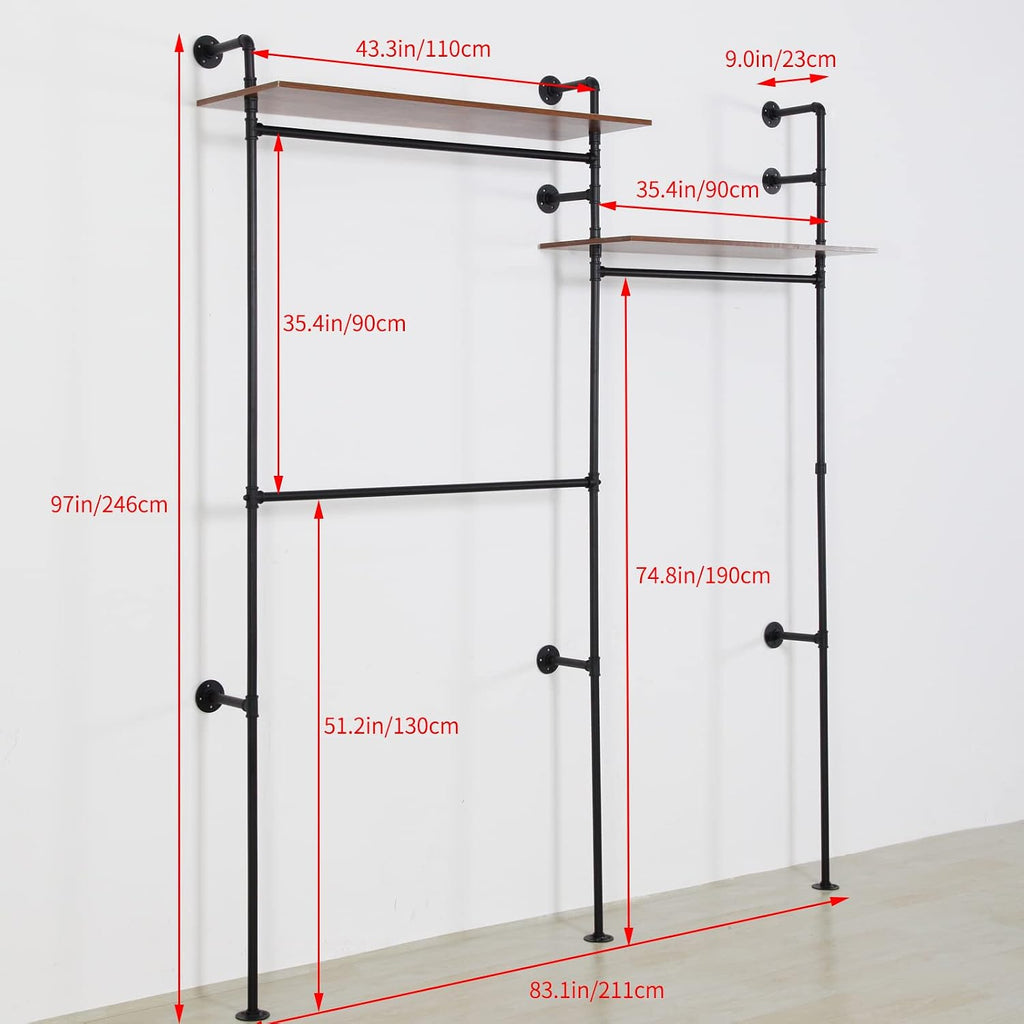 Industrial Pipe Clothing Rack with 2 Shelves, Clothes Rack Wall Mounted Heavy Duty Clothing Store Display Stands Garment Rack Closet System(Black, 96.5x80.7inch)
