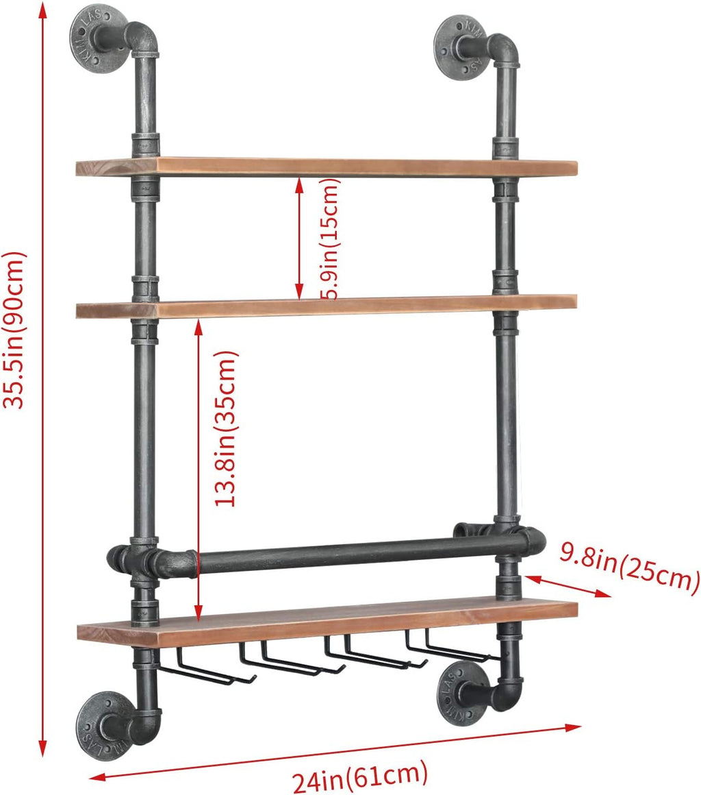 Rustic Wine Rack Wall Mounted Industrial Wine Rack with 4 Stem Glass Holder,24in Real Wood Shelves Kitchen Wall Shelf Unit,3-Tiers Floating Bar Shelves Bottle Holder Storage Shelves