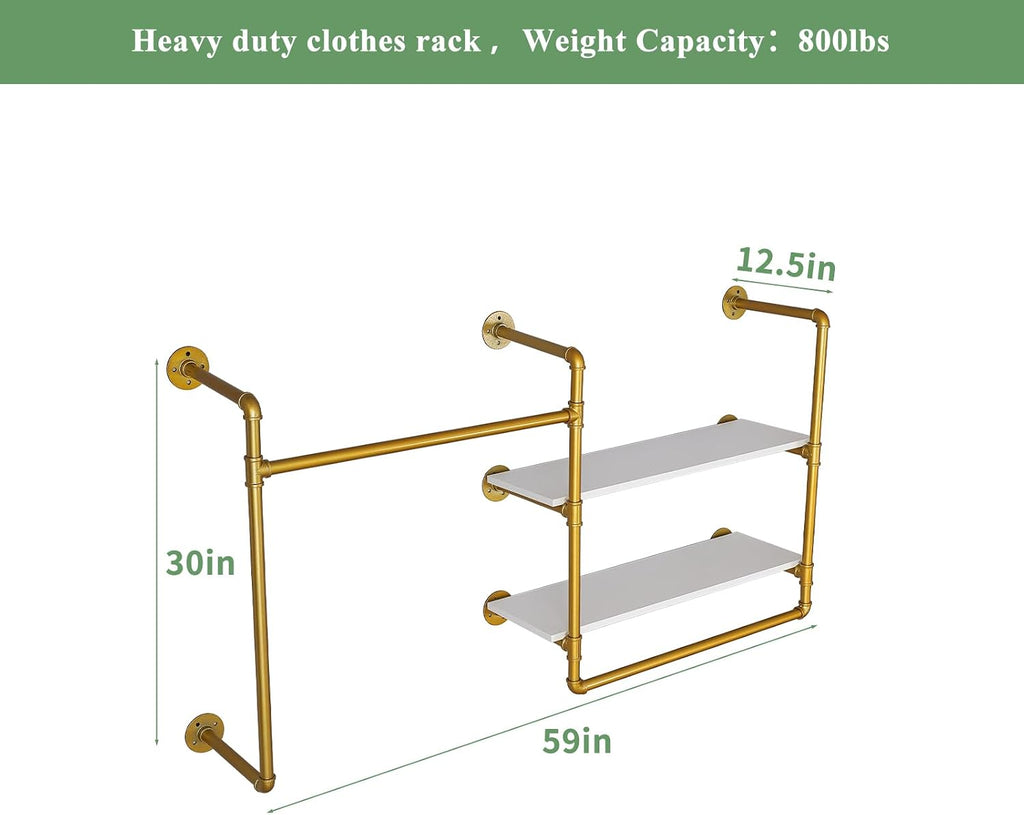 Industrial Pipe Clothing Rack Wall Mounted with 2 Wood Shelves, Heavy Duty Double Rod Garment Rack for Bedroom, Laundry Room & Retail Store, Gold, 59 Inch