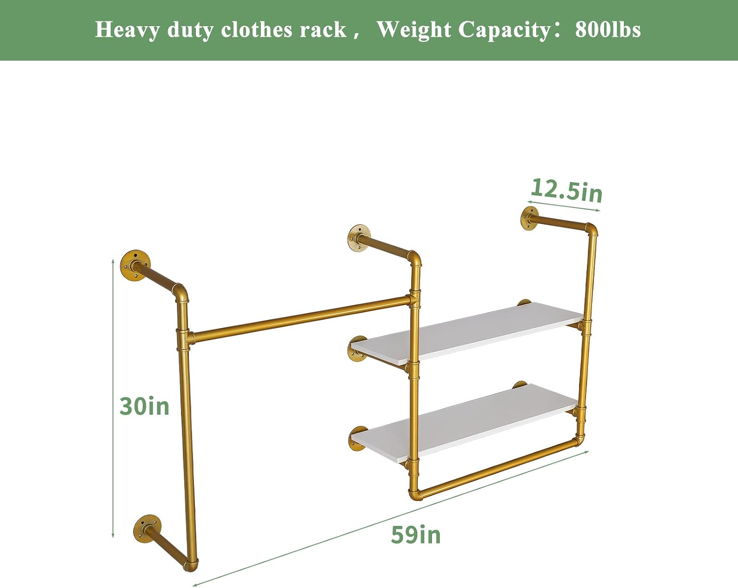 Industrial Pipe Clothing Rack Wall Mounted with 2 Wood Shelves, Heavy Duty Double Rod Garment Rack for Bedroom, Laundry Room & Retail Store, Gold, 59 Inch