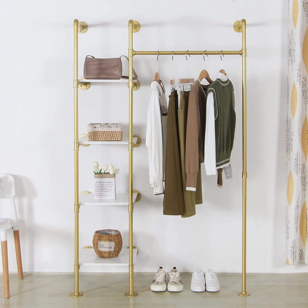 Garment Rack Heavy Duty Clothes Rack for Hanging Clothes, Metal Freestanding Closet Wardrobe Shelf, Gold Industrial Pipe Clothing Racks with Shelves Closet Rods System