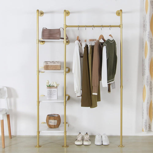 Garment Rack Heavy Duty Clothes Rack for Hanging Clothes, Metal Freestanding Closet Wardrobe Shelf, Gold Industrial Pipe Clothing Racks with Shelves Closet Rods System