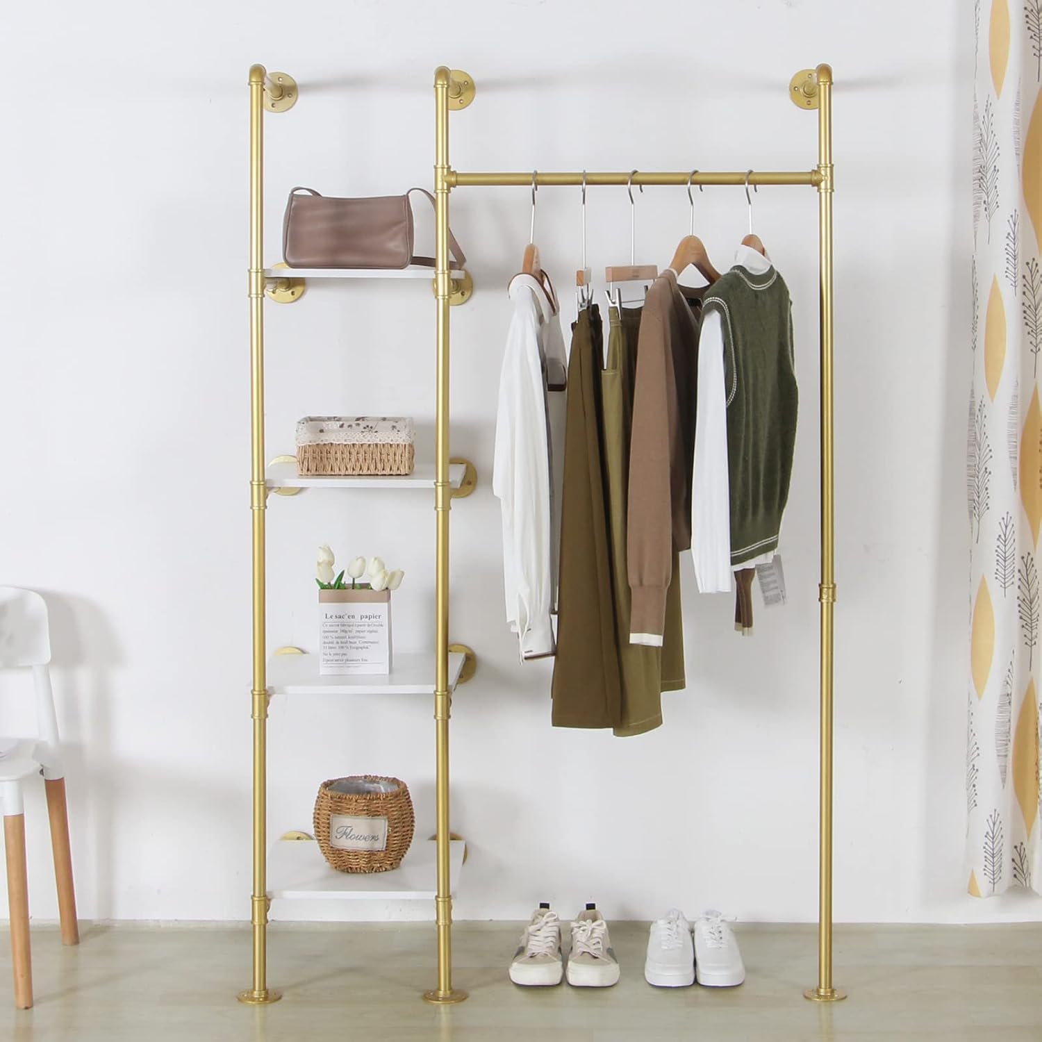 Garment Rack Heavy Duty Clothes Rack for Hanging Clothes, Metal Freestanding Closet Wardrobe Shelf, Gold Industrial Pipe Clothing Racks with Shelves Closet Rods System