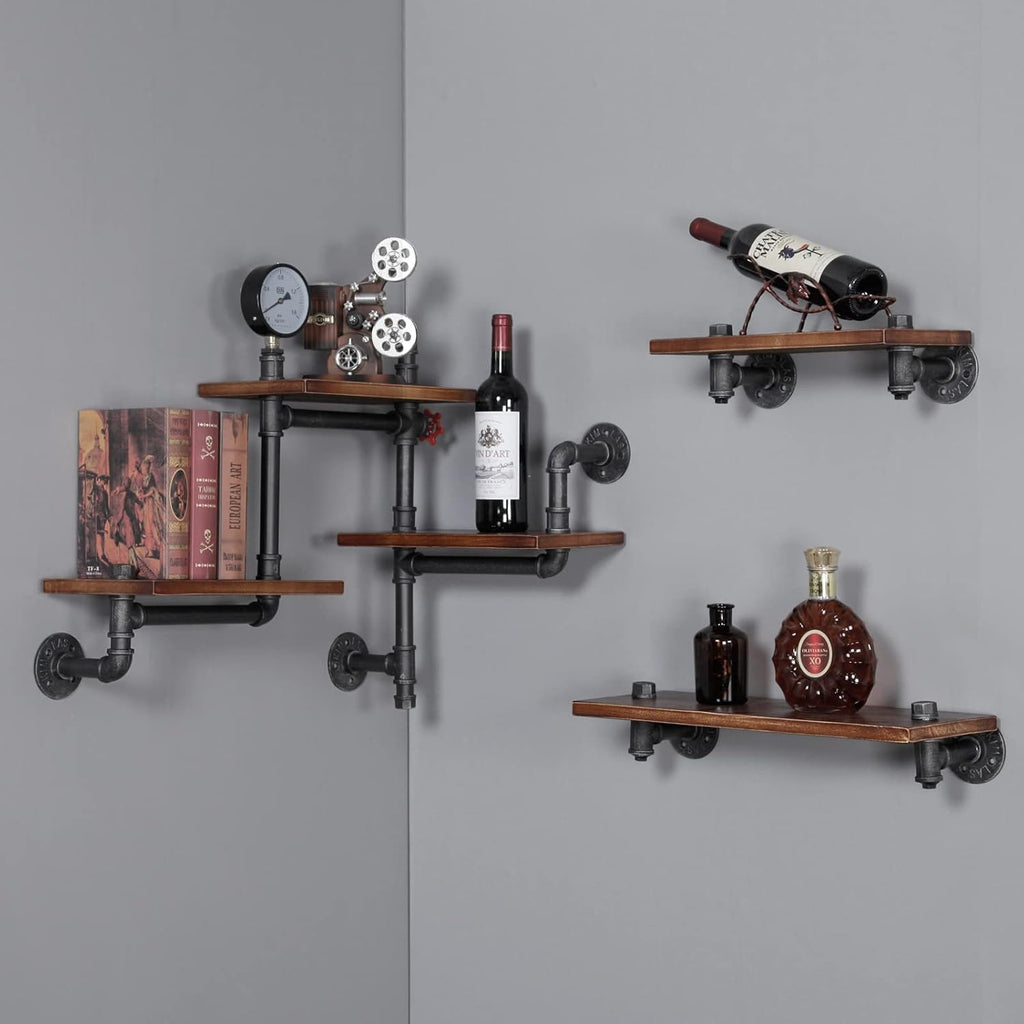 Industrial Floating Pipe Wall Shelves Rustic Wood Shelving, 5 Layer Pipe Design Bookshelf DIY Shelving for Living Room Bathroom Farmhouse Bar Industrial Decor