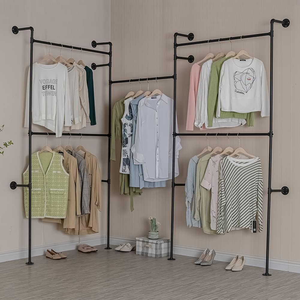 Industrial Pipe Clothes Rack, Heavy Duty Detachable Wall Mounted Black Iron Garment Bar, Clothing Store Display Stands Garment Rack Closet System (125.5 x 93.7inch)