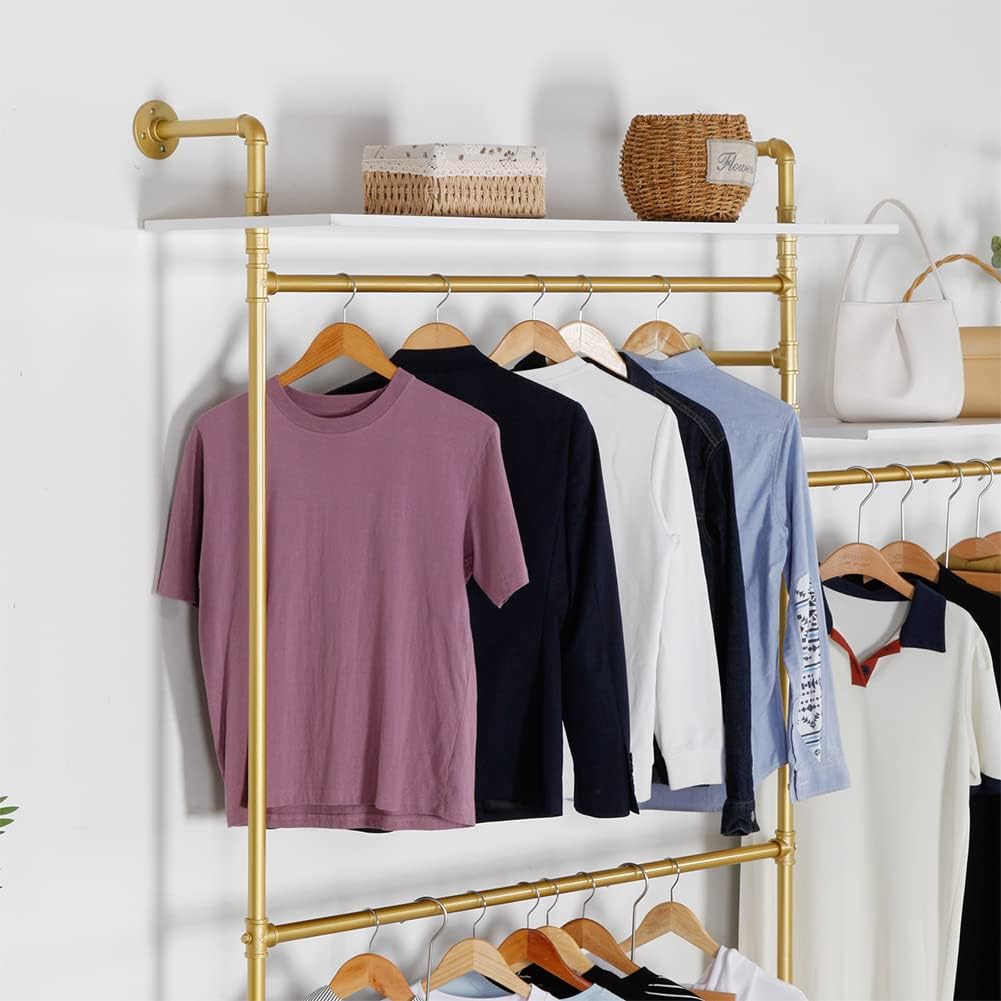 Industrial Pipe Clothing Rack Wall Mounted, Heavy Duty Hanging Clothes Rack Clothing Store Display Stands Garment Rack Closet System, 2 Tier Wood Garment Rack (Gold, 96.5x80.7inch)
