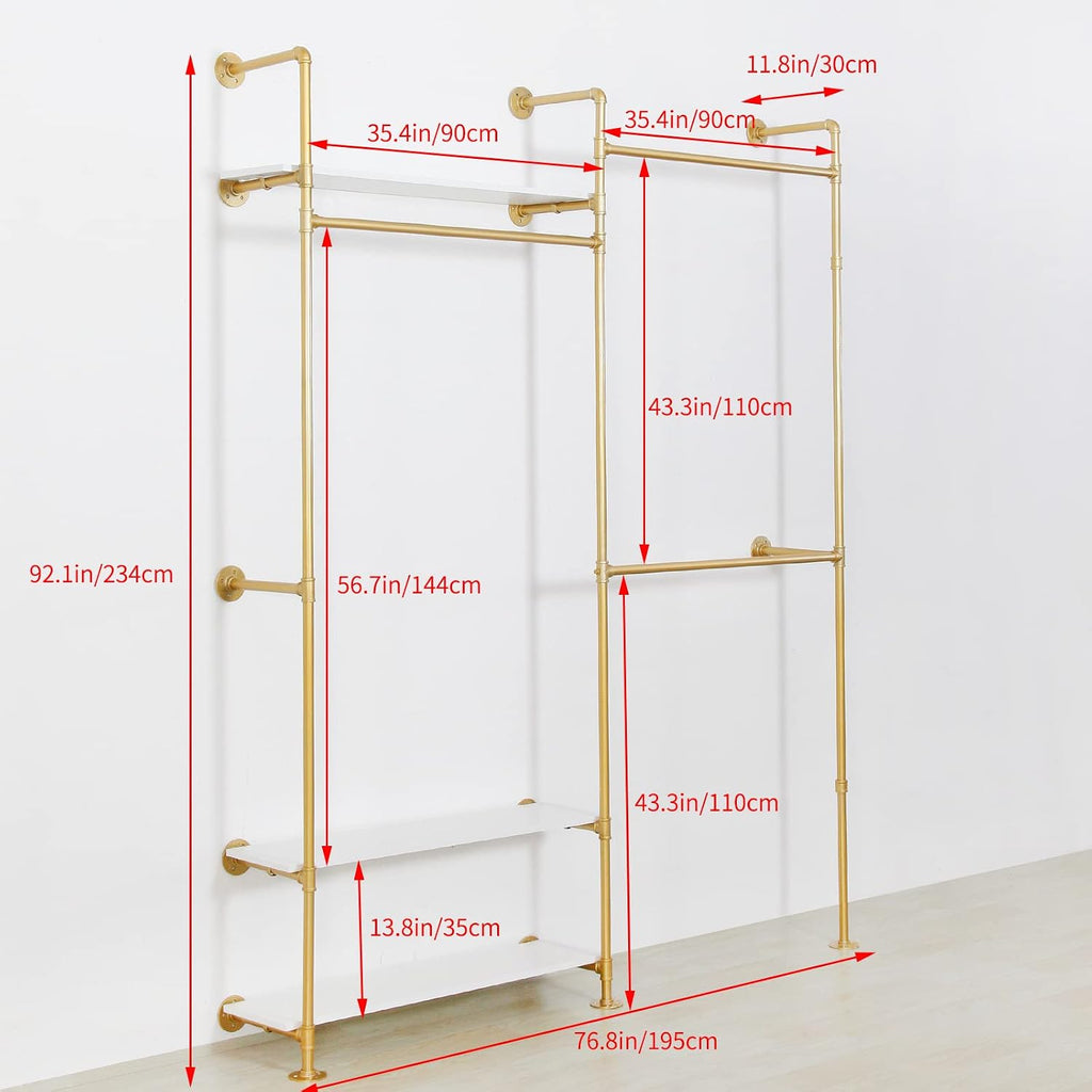 Heavy Duty Industrial Clothing Rack - 3-Tier Wall Mounted Garment Rack with Wood Shelves, Golden Pipe Closet Storage Organizer for Retail Stores & Bedroom (92.1X76.8inch)