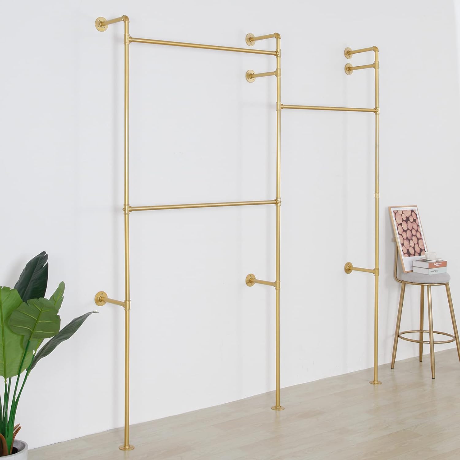 Modern Simple Industrial Pipe Double Hanging Rods Clothing Rack, Clothes Rack Wall Mounted Heavy Duty Hanging Clothes Rack, Detachable Garment Bar 93.7X84inch (Gold)