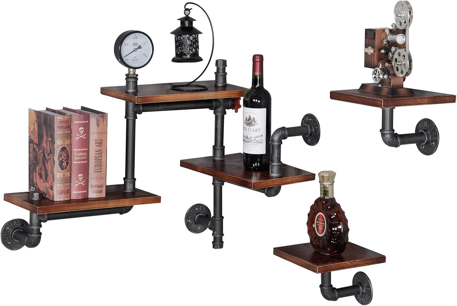 Industrial Rustic Pipe Shelving Floating Shelves Wall Mounted, 5 Laye Modern Wood Ladder Pipe Wall Shelf for Bar Living Room DIY Storage Shelving Bookcase