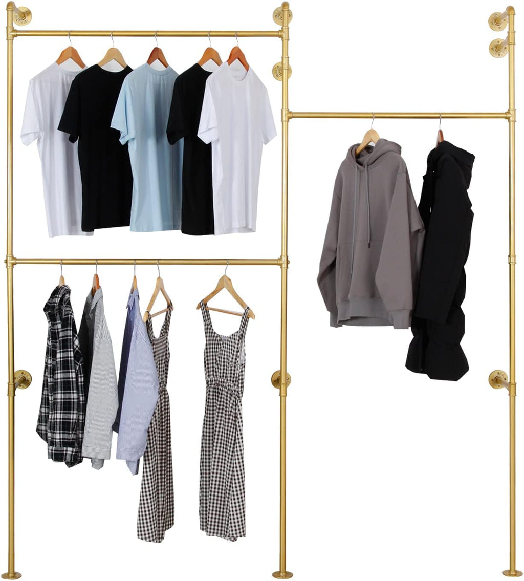 Modern Simple Industrial Pipe Double Hanging Rods Clothing Rack, Clothes Rack Wall Mounted Heavy Duty Hanging Clothes Rack, Detachable Garment Bar 93.7X84inch (Gold)