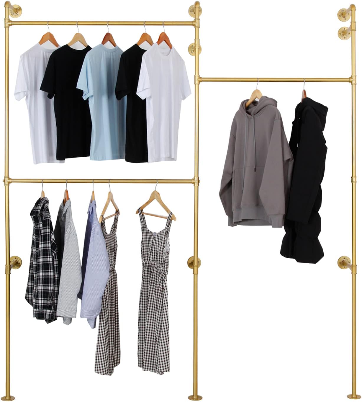 Modern Simple Industrial Pipe Double Hanging Rods Clothing Rack, Clothes Rack Wall Mounted Heavy Duty Hanging Clothes Rack, Detachable Garment Bar 93.7X84inch (Gold)