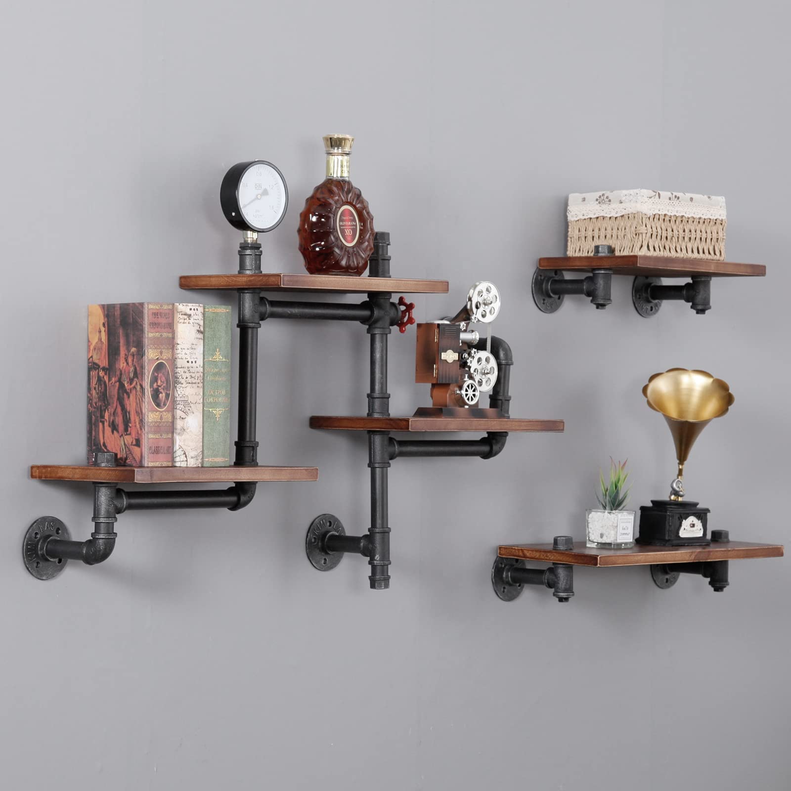Industrial Rustic Pipe Shelving Floating Shelves Wall Mounted, 5 Laye Modern Wood Ladder Pipe Wall Shelf for Bar Living Room DIY Storage Shelving Bookcase