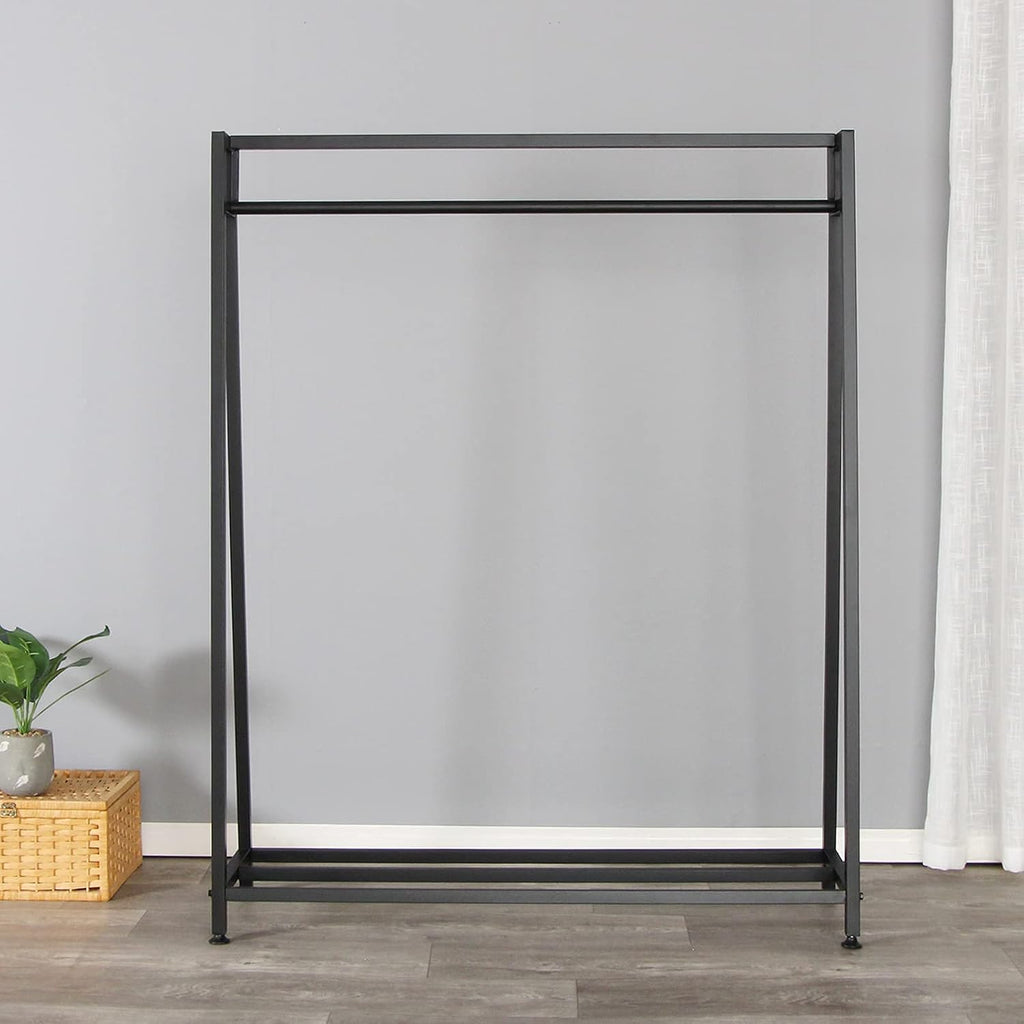Clothing Garment Rack with Shelves, Metal Cloth Hanger Rack Stand Clothes Drying Rack for Hanging Clothes, Easy Assemble Clothing Rack for Bedroom or Boutiques(Black)