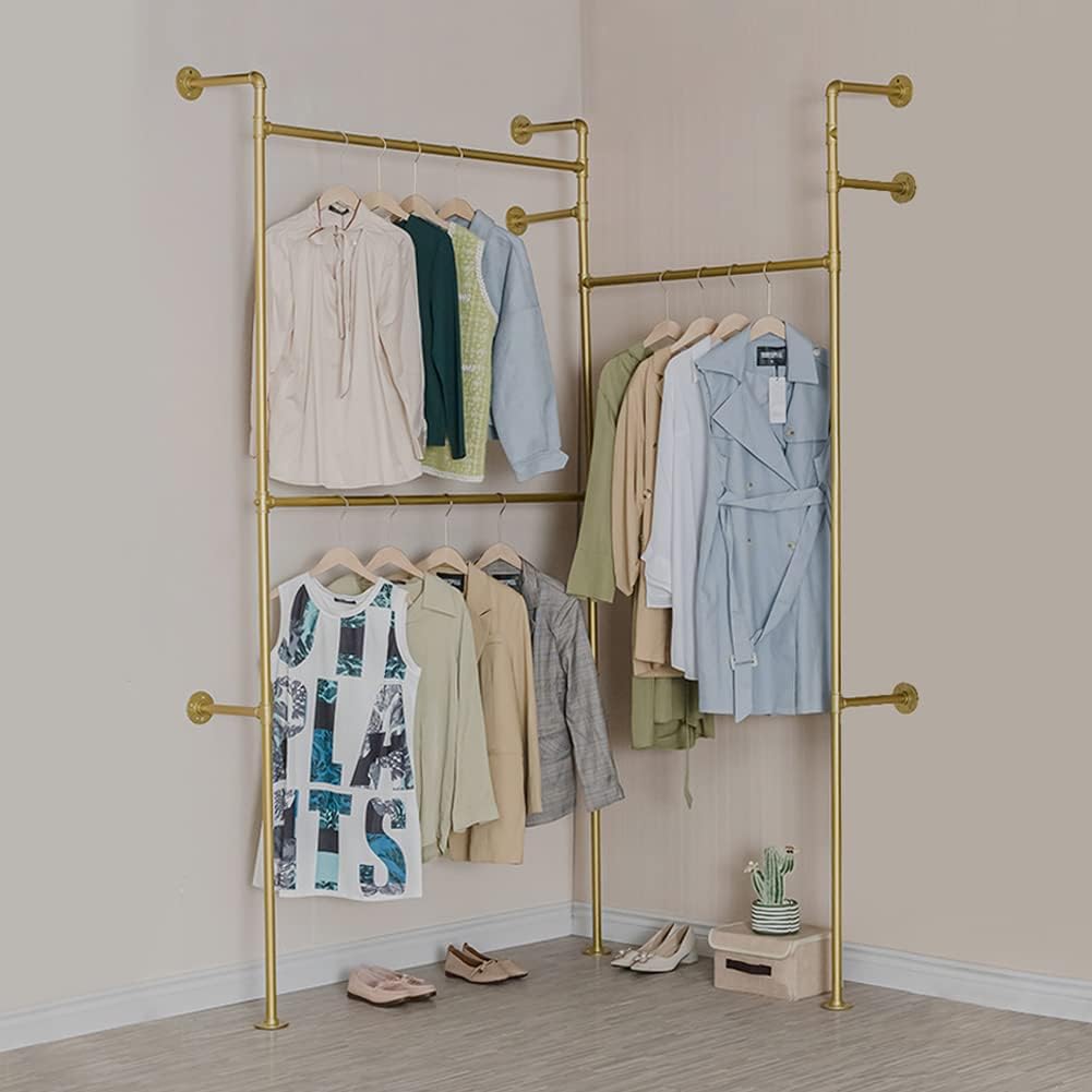 Modern Simple Industrial Pipe Double Hanging Rods Clothing Rack, Clothes Rack Wall Mounted Heavy Duty Hanging Clothes Rack, Detachable Garment Bar 93.7X84inch (Gold)