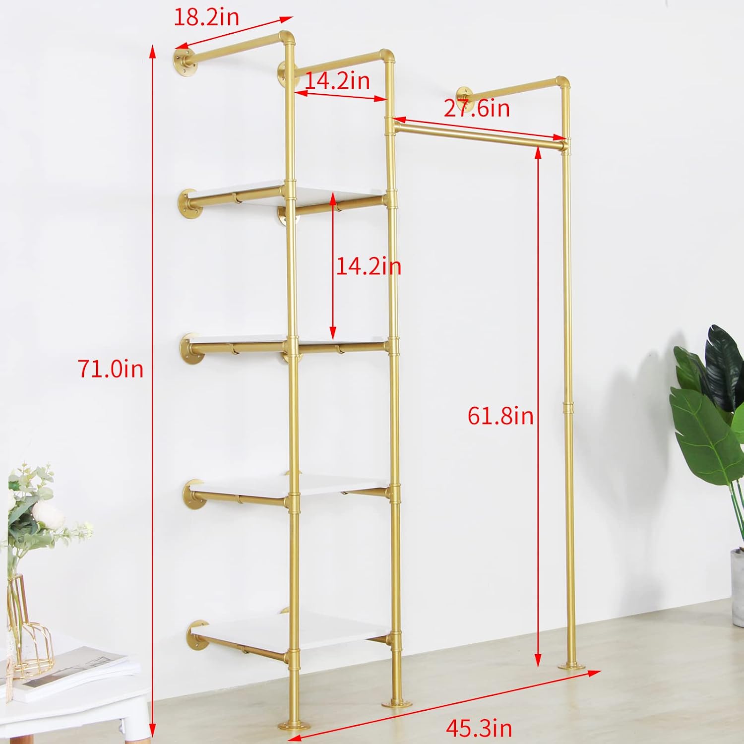 Garment Rack Heavy Duty Clothes Rack for Hanging Clothes, Metal Freestanding Closet Wardrobe Shelf, Gold Industrial Pipe Clothing Racks with Shelves Closet Rods System