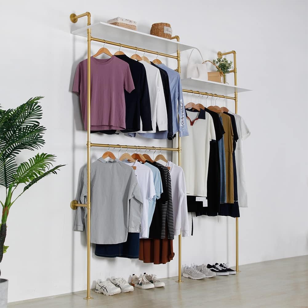 Industrial Pipe Clothing Rack Wall Mounted, Heavy Duty Hanging Clothes Rack Clothing Store Display Stands Garment Rack Closet System, 2 Tier Wood Garment Rack (Gold, 96.5x80.7inch)