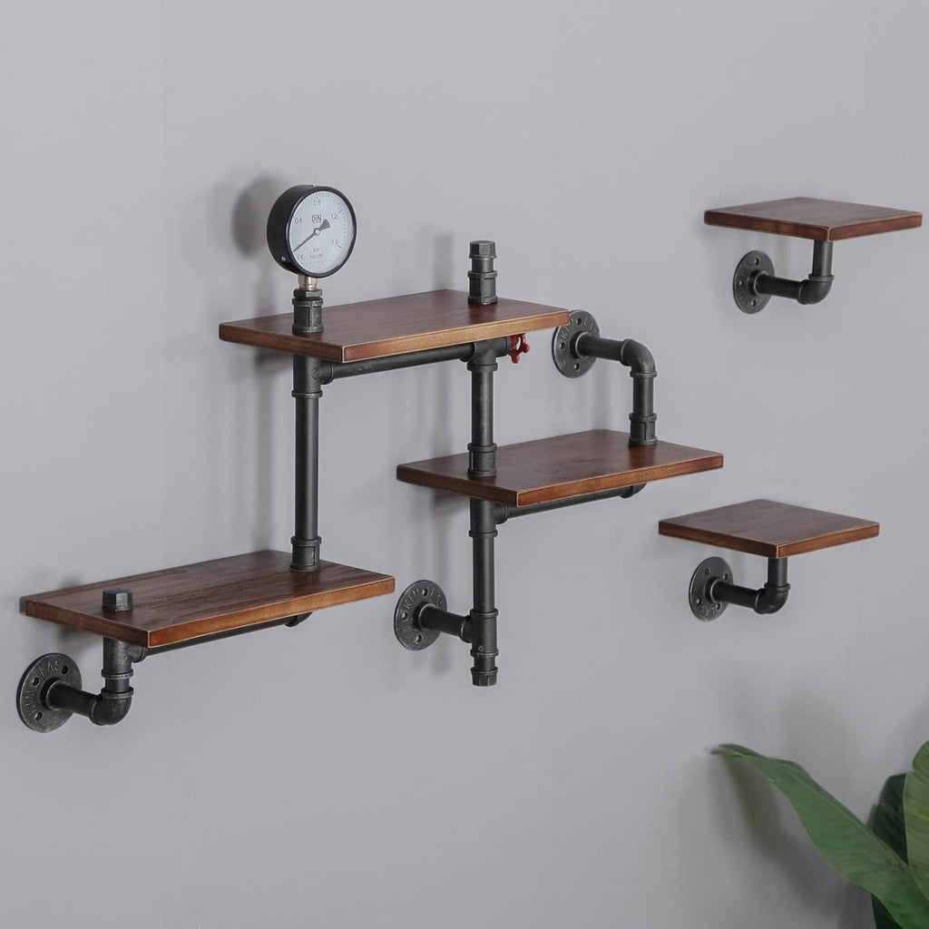 Industrial Rustic Pipe Shelving Floating Shelves Wall Mounted, 5 Laye Modern Wood Ladder Pipe Wall Shelf for Bar Living Room DIY Storage Shelving Bookcase